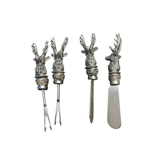 Set Of 4 Silver Stag Head Handle Cheese & Appetizer Utensils - Picture 2 of 4